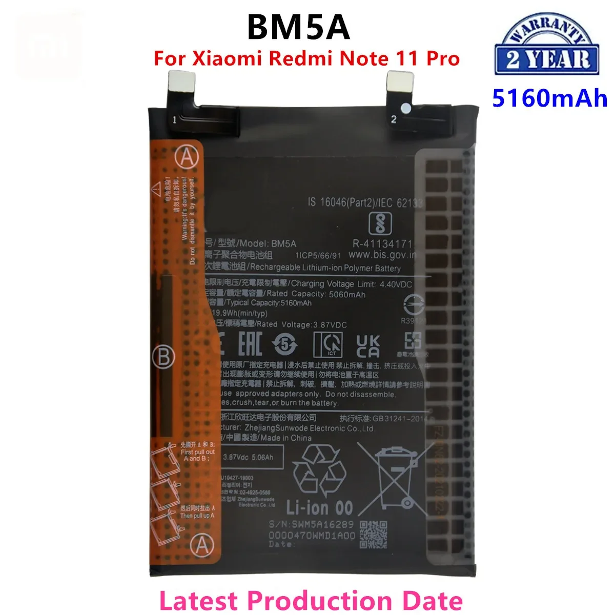 100% Orginal BM5A 5160mAh Battery For Xiaomi MIUI Redmi Note 11 Pro 11pro  Phone Replacement Batteries+Tools