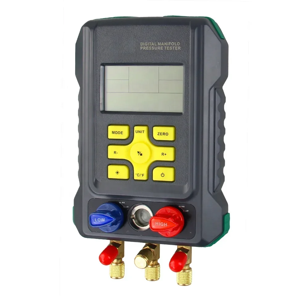 HVAC Digital Multi-Functional Manifold Gauge Set for Pressure &Temperature Test with 93 Refrigerant Data Temp Clamps