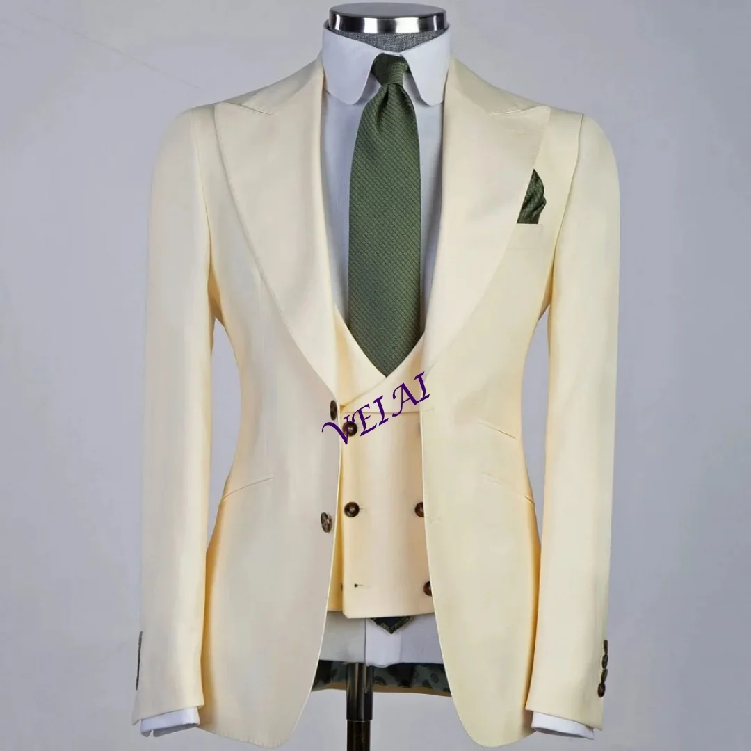 

Customized Handsome Light Yellow Men's Suit Set Trendy Single Breasted 3-Piece Includes Jacket Vest Pants for Office Performance