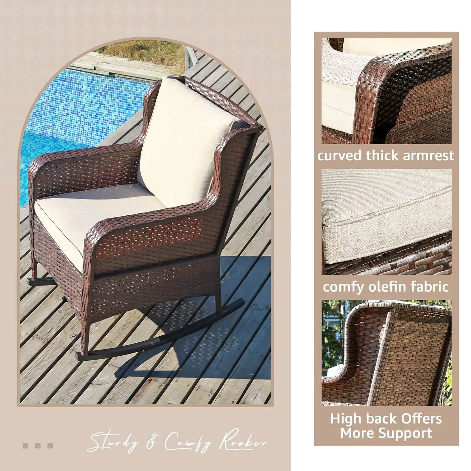 Resin Wicker Rocking Chair Olefin Cushion Patio Yard Club Rocker Brown Beige, Customized view 5