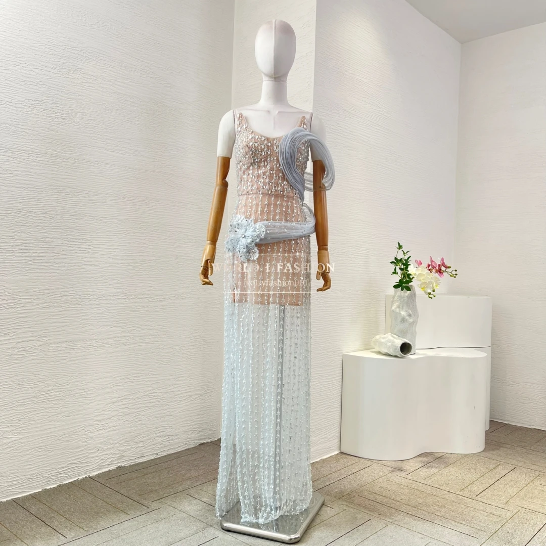 

Silver Sleeveless Shining Sequined High Slit Maxi Dress Evening Dresses