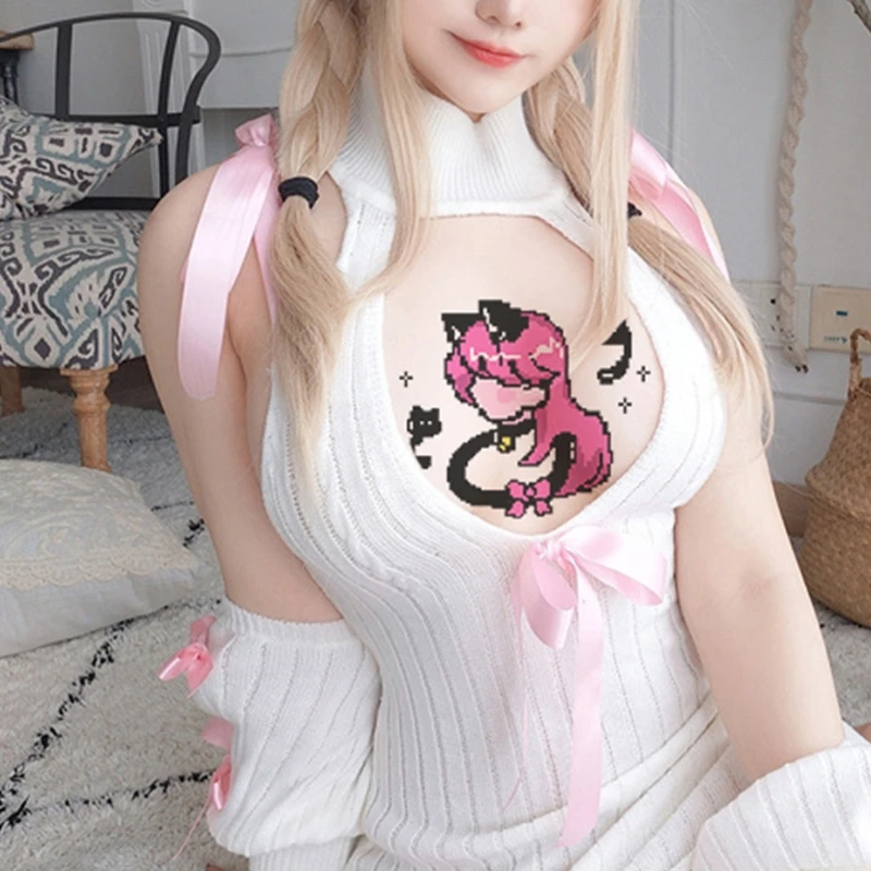 Sweet Girl Crochet Turtleneck Hollow Sweater Japanese Anime Cosplay Pink Bowknot Sexy Backless Women Sweaters