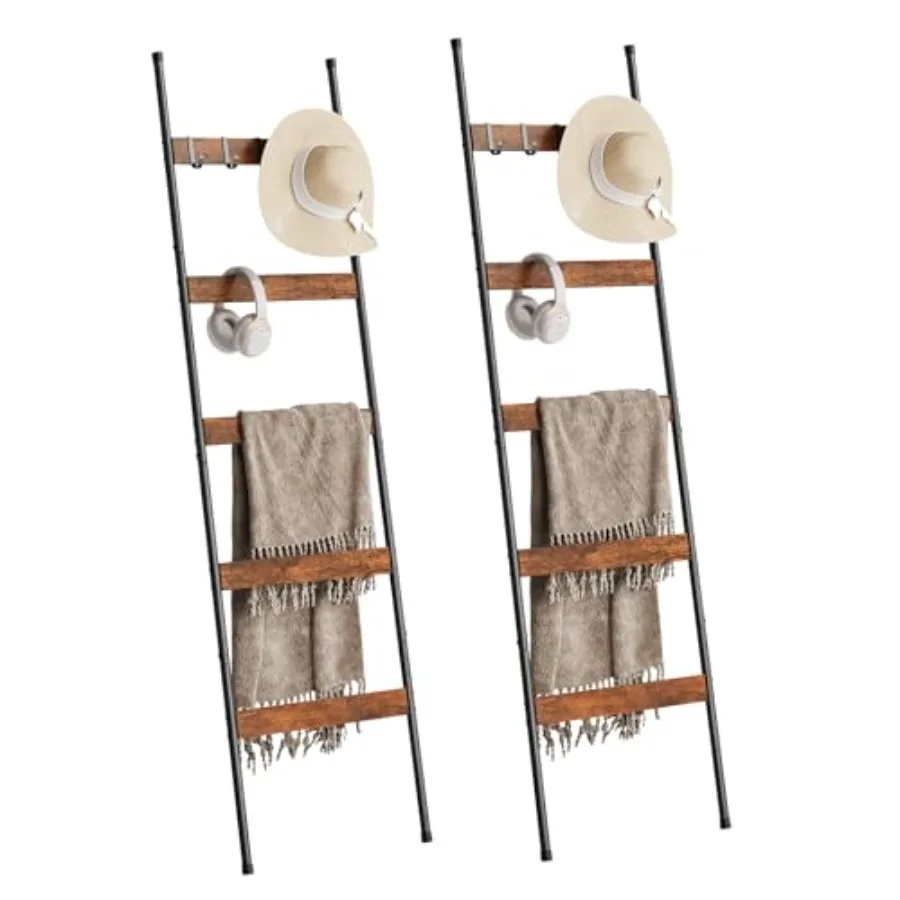 

2 Pack Blanket Ladder for Living Room Farmhouse 5-Tier Quilt Holder with 4 Removable Hooks for Bathroom Wood Towel Rack Display