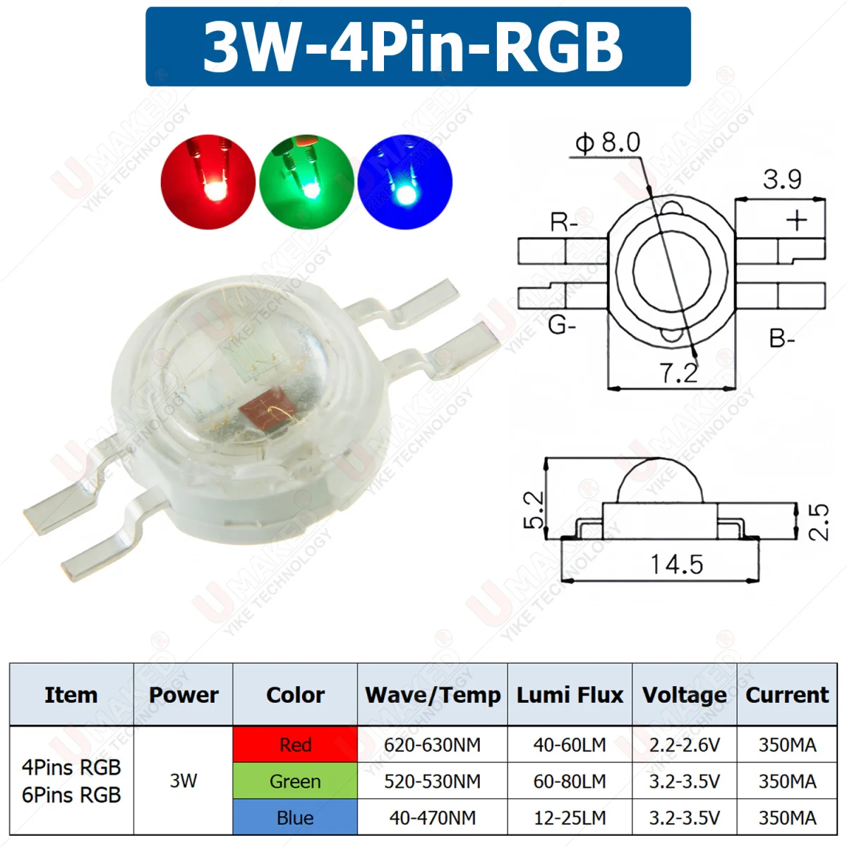 5pcs 8/10/12pin 4W 10W 12W High Power LED Bead 45mil LED Lighting Source RGBWY LED Chip for Stage Light LED RGBW RGBWYP Color