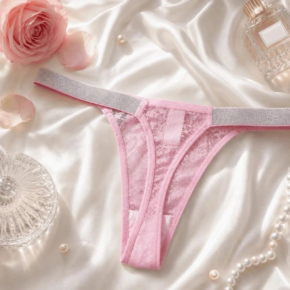 Lingerie Rhinestone Belt Women's Thongs Mesh Low Waist Lace Thongs Underwear Hollow Out T-back Briefs Lingerie