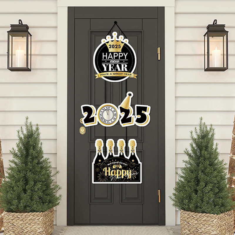 Black Gold 2025 New Year Door Hanger Cheer 2024 Cake Gift Box Door Hanging Pendants Happy New Year Party Decoration For Home