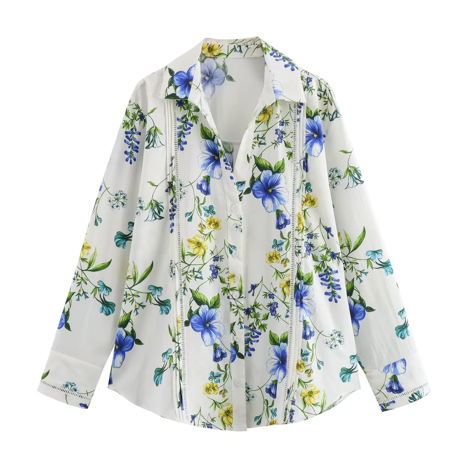 

Floral Print Shirt Women Elegant Vintage Lace Trim Button Up Long Sleeve Shirts Female 2025 New Summer Casual Loose Blouse Tops