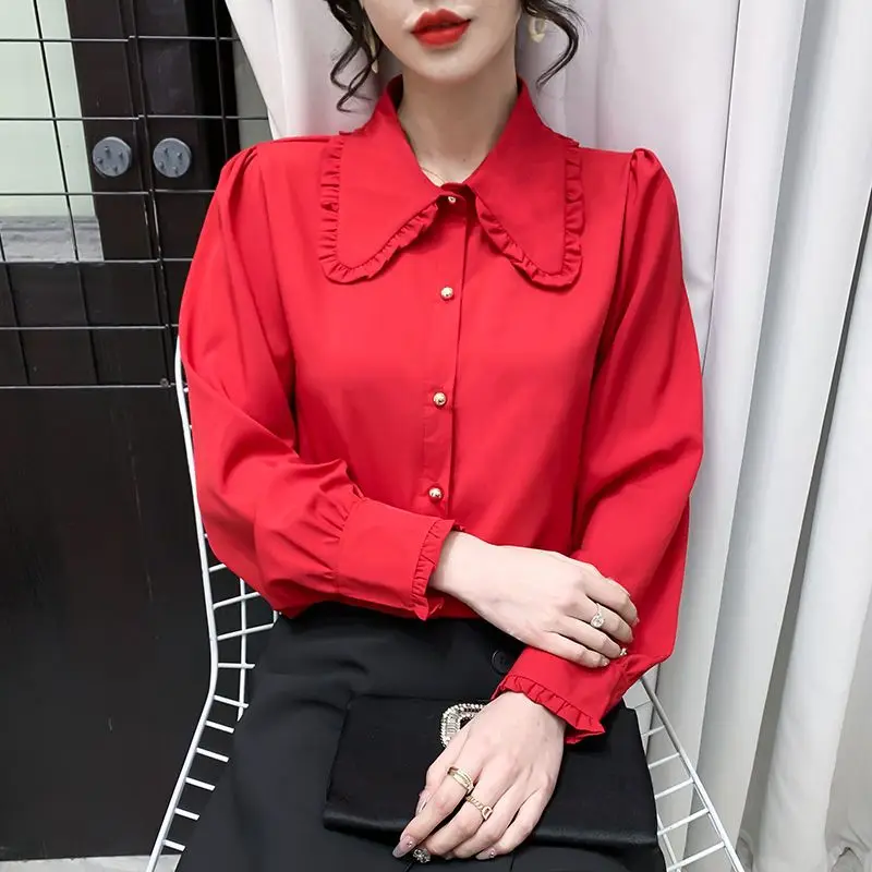 Office Lady Solid Color All-match Blouse Spring Autumn New Long Sleeve Polo Neck Youth Shirt Tops Fashion Elegant Women Clothing