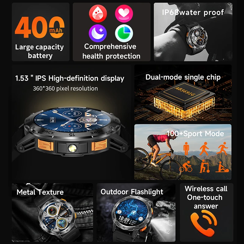 5ATM Torcia a LED Astuto Della Vigilanza Degli Uomini 100+ Modalità Sportive Monitor di Salute Uomo Orologi Chiamata Bluetooth Uomini Smartwatch per Android ios