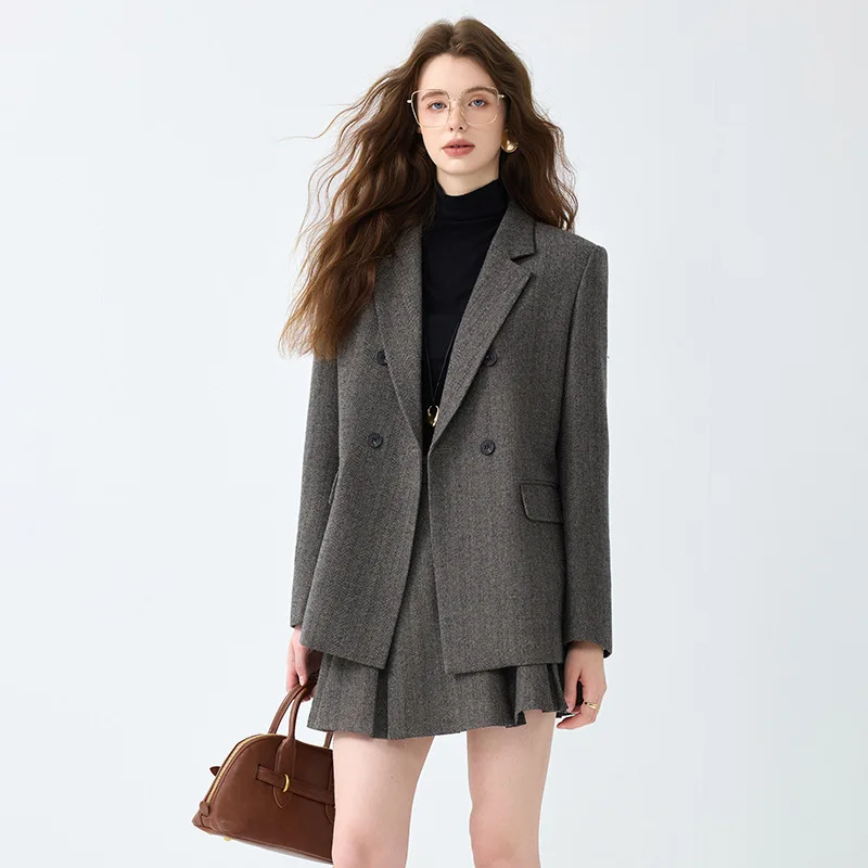 Gray Blazer for Women Spring and Autumn2025New Casual Elegant High-End Suit Set with Pleated Skirt Two-Piece Set
