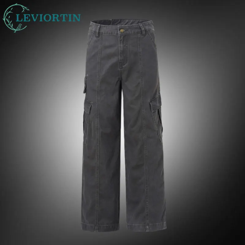 Men's Washed Cotton Cargo Pants High Street Distressed Wear-Resistant Pants Multiple Pockets Loose-Fitting Outdoor Hiking Pants