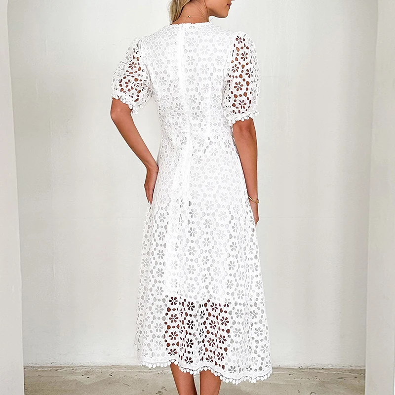 Women V Neck Puff Sleeve High Waist Dress New Sexy Hollow Out Slim Beach Long Dresses Summer Elegant Multicolour Lace Maxi Dress