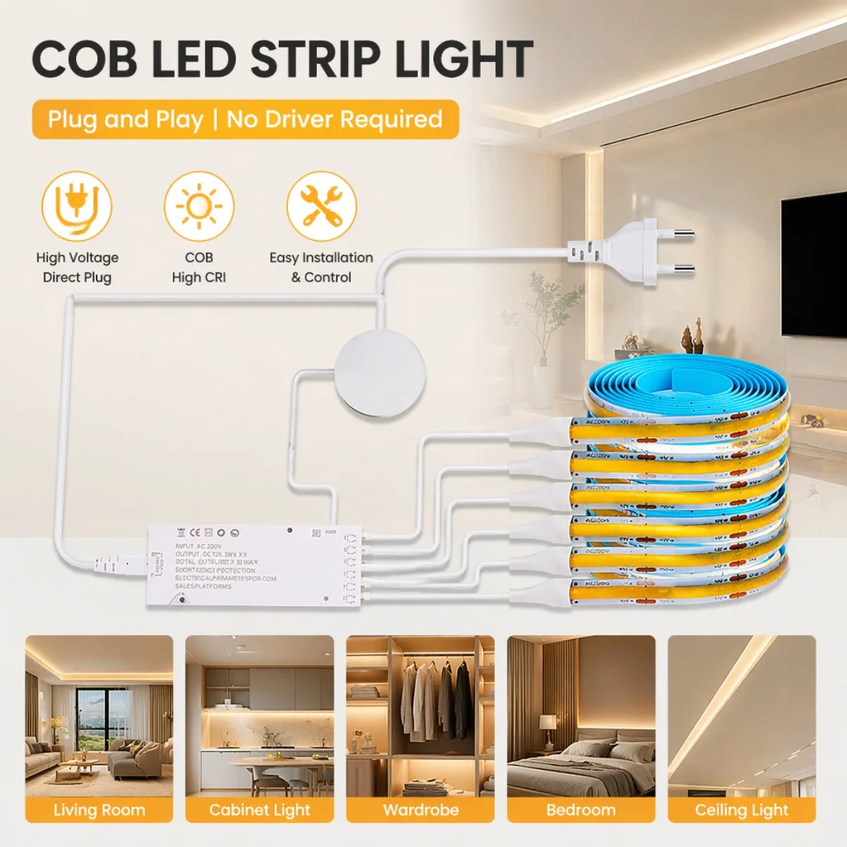 COB LED Strip Light Under Cabinet Collection Display Bookcase Wardrobe Closet Lamp Tape Penetrable Wood Dimmable Touch Sensor