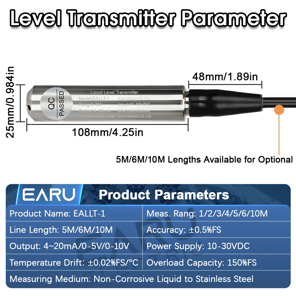EARU Level Sensor 4-20mA 0-5V 0-10V Output Liquid Level Transmitter Water Level Sensor Probe Detector Controller Float Switch