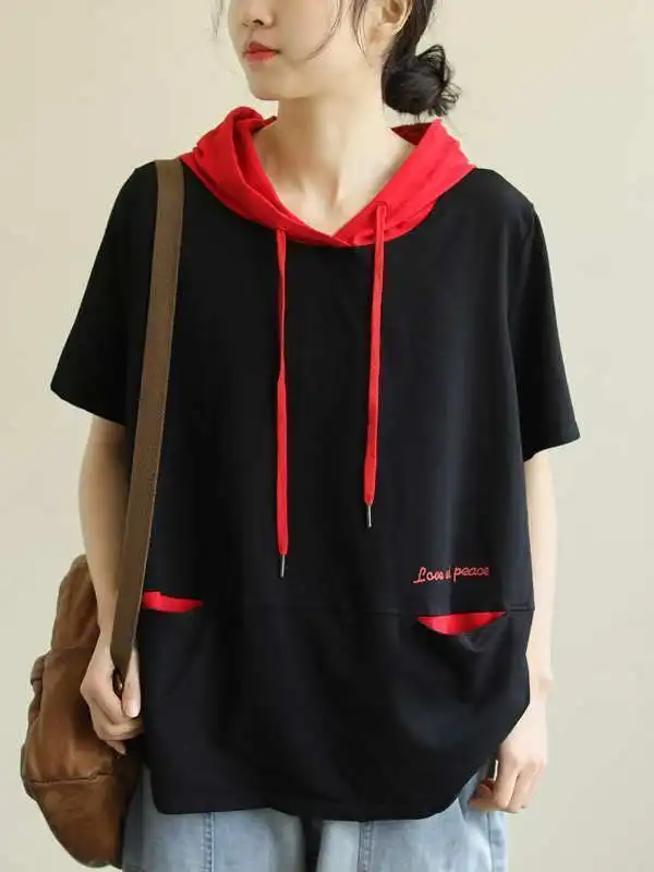 تي شيرت نسائي قطني فضفاض بأكمام قصيرة على الطراز الكوري، قلنسوة مرقعة بألوان متعددة، وصل حديثًا، بلوزة غير رسمية