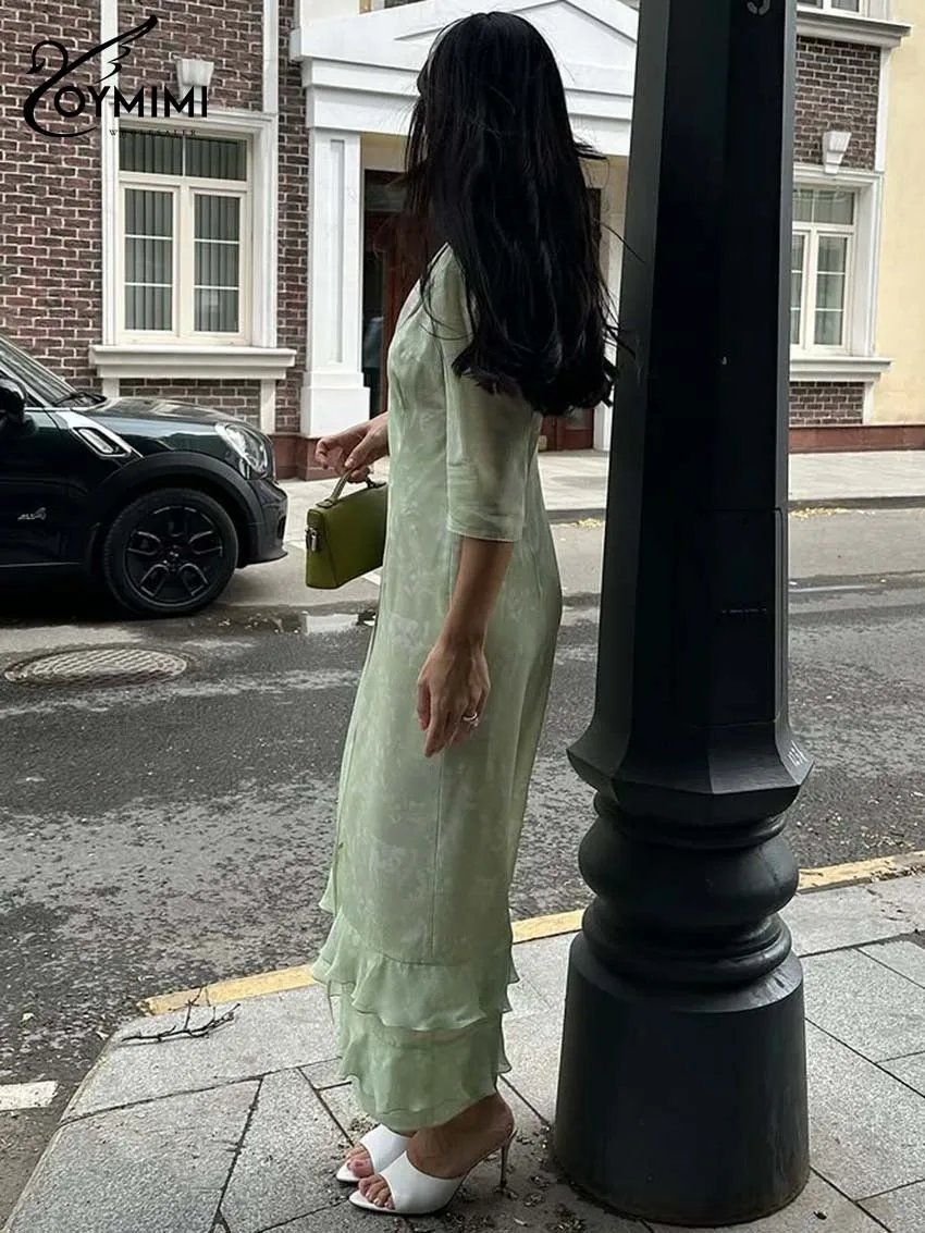 Oymimi moda vestidos estampados verdes 2025 mujer elegante Patchwork vestido de manga tres cuartos otoño vestido con volantes de un solo pecho