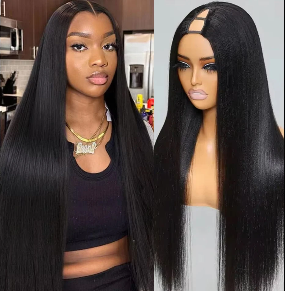 

Natural Black Brazilian Straight Human Hair V Shape Part Wigs 16-32 Inch Straight Hair V Part Human Hair Wigs For Women
