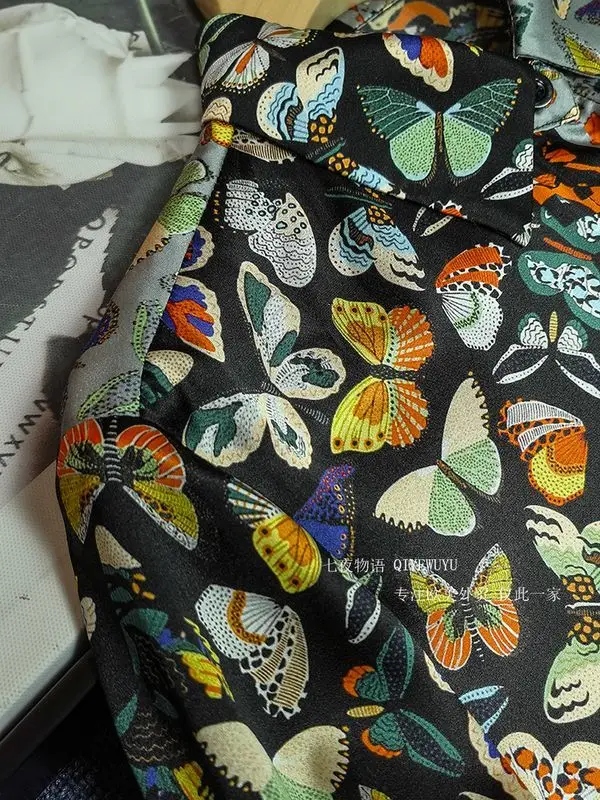 Women's high-end satin butterfly printed silk shirt long sleeved silk shirt European top