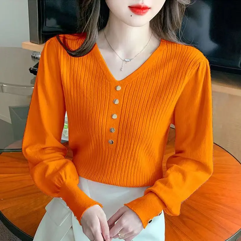 Autumn Winter New V-neck Pullovers Ladies Fashion Patchwork Solid Color Puff Sleeve Knitting Top Tee Women Clothing Simplicity