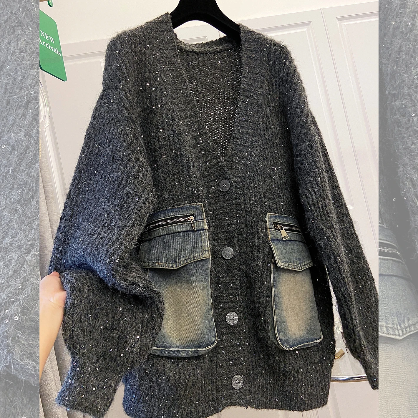 

SuperAen зима 2025 года, новая женская дизайнерская вязаная лоскутная куртка с карманами и рукавами «летучая мышь», однобортные пальто большого размера