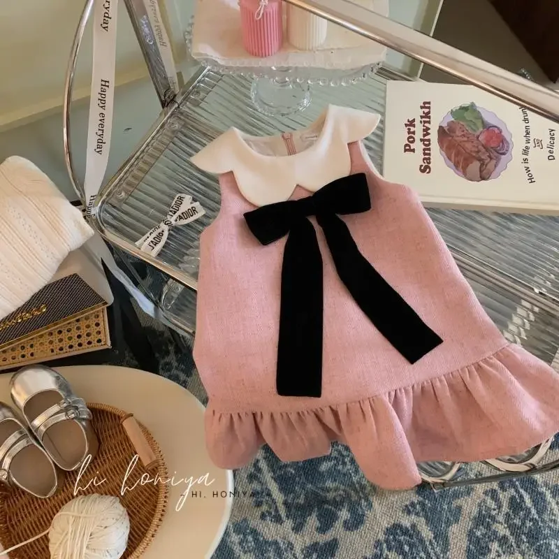 

Korean children's clothing children's flower bow contrasting color vest skirt baby fashionable dress