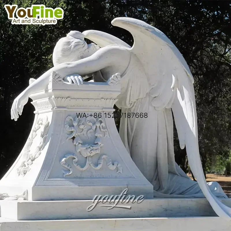 Wmwmnu - Pierre tombale moderne en marbre blanc sculptée à la main, représentant un ange pleurant, pour cimetière, monument funéraire, prix d'usine