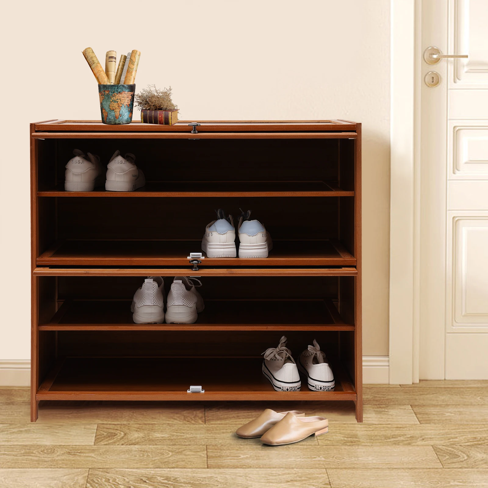 4-Tier Shoe Rack Organizer Entryway Storage Shelf Space-Saving Bamboo Wood Shoe Bench Cabinet Wooden Shelf Stand