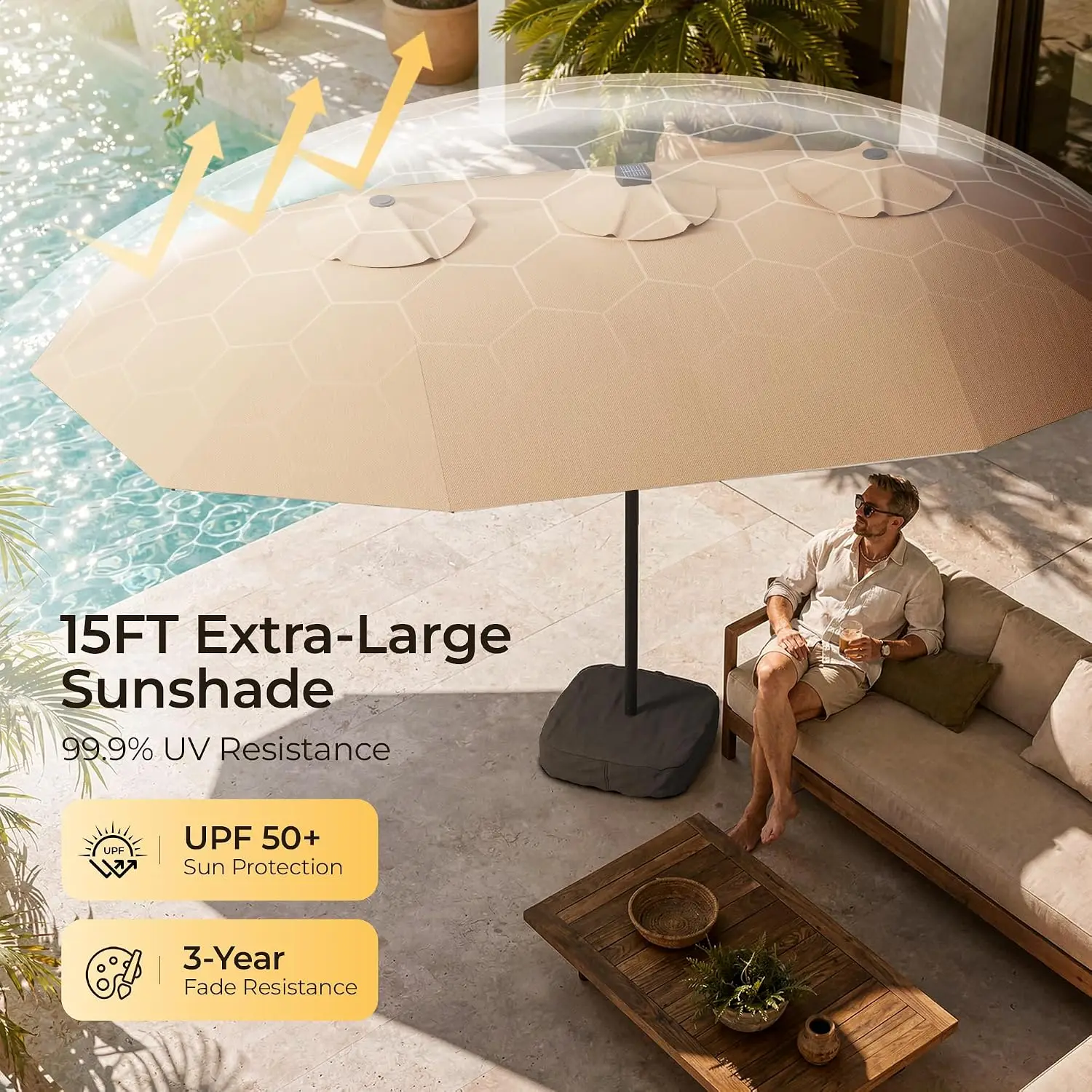15ft Patio Umbrella with Base & Solar LED Lights, Outdoor Rectangle Double-Sided Market Umbrella for Poolside Deck, Customized