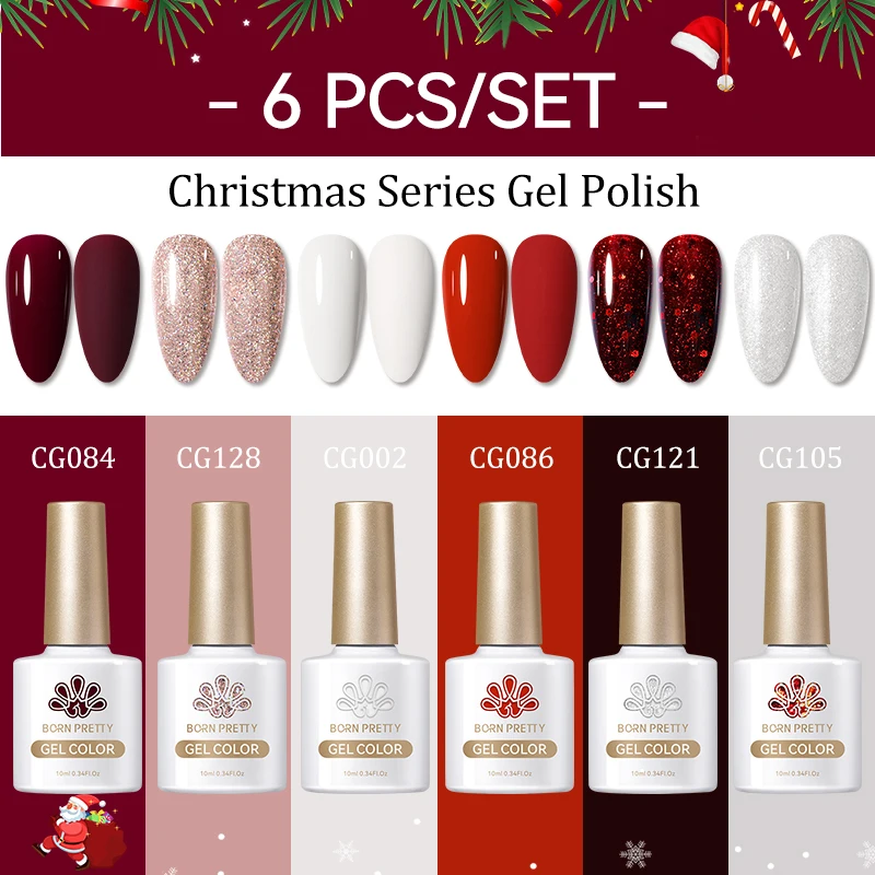 

BORN PRETTY 6 шт. Набор гель-лаков Candy Cane Бордовый Красный Блеск Белый Серебристый Зимний Снег Праздничный маникюрный набор Soak Off UV Design