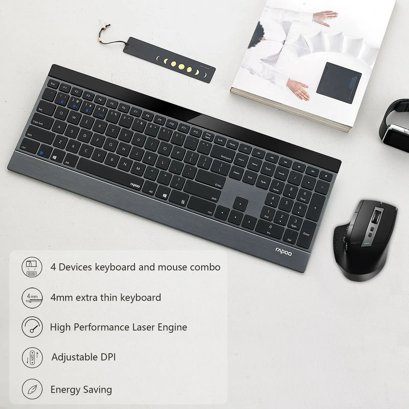 RAPOO 9900M Wireless Keyboard and Laser Mouse Combo Multi Device via Bluetooth 4.0+3.0+2.4G Keyboard and Mouse Set Ultra-Slim Computer Keyboard Compact Design for Windows Android Mac OS