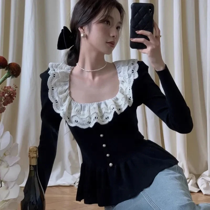 أنيقة الكشكشة متماسكة سترة المرأة الدانتيل المرقعة كم طويل سليم صالح البلوفرات الفرنسية شيك الخريف الشتاء عادية المحاصيل لاعبا