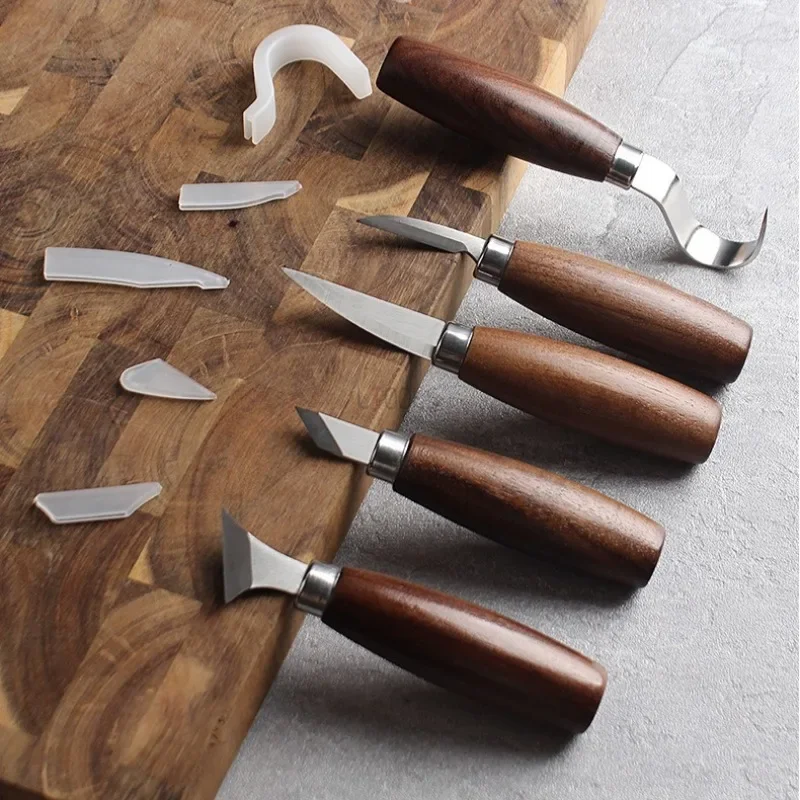 

Прецизионный режущий нож для резьбы по корню, нож для резьбы по дереву из углеродистой стали с ручкой из орехового дерева, столярная резьба, небольшой ручной нож