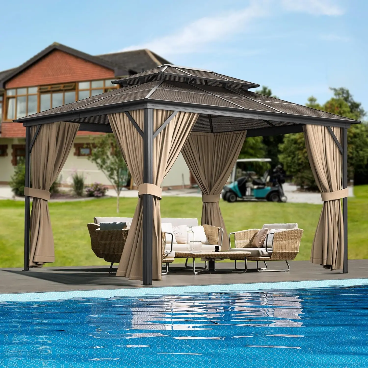

10x13FT Hardtop Gazebo with Polycarbonate Double Roof, Aluminum Frame Outdoor Pavilion with Curtains and Netting,, Customized
