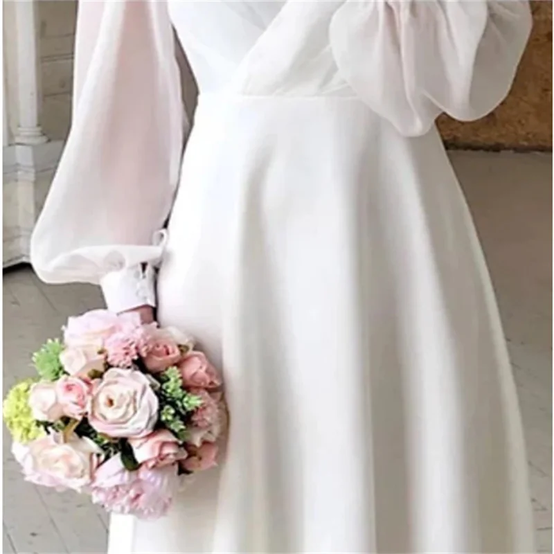 ชายหาดรับจัดงานแต่งงานชุดสีขาวเล็กๆชุดอาบน้ําเจ้าสาว A-Line V คอยาวแขนยาวข้อเท้าความยาวชีฟองชุดเจ้าสาว