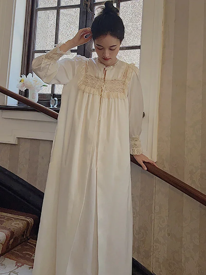 2024 Spring Summer New French Vintage Silk Princess Nightgown Lace Strap Two Piece Nightdress Morning Robe Victorian Sleepwear