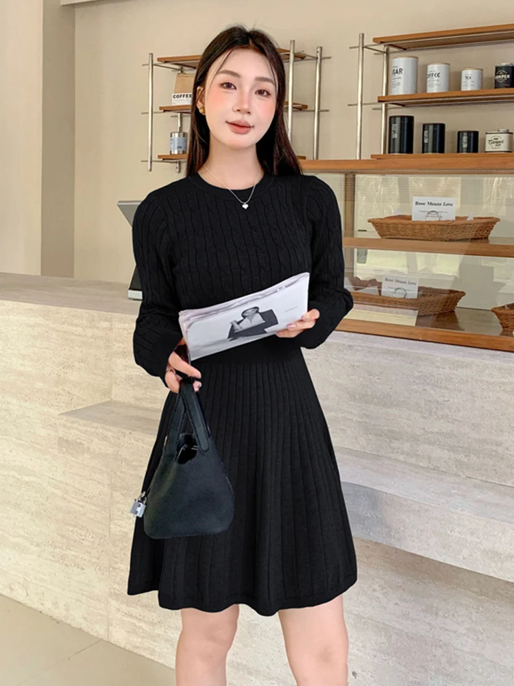 女性ストリート服セーターカジュアルニットシンプルな O ネックスリム A ラインミニショートドレスエレガントな女性 Vestidos 秋冬新