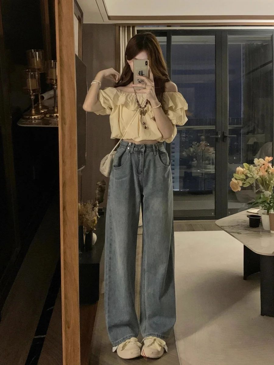 Damskie jeansy z wysokim stanem i szerokimi nogawkami, luźne, proste, w stylu koreańskim, plus size, wyszczuplające sylwetkę typu gruszka, spodnie na wiosnę i jesień.
