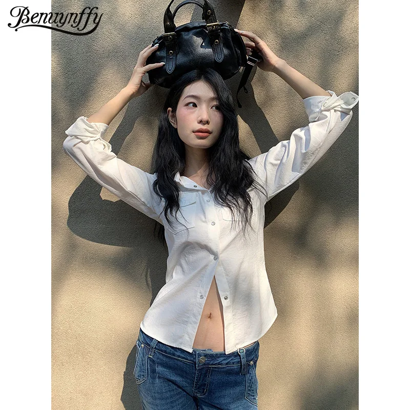 

Женская белая рубашка Benuynffy, повседневная блузка с карманами на пуговицах, новинка весны 2026, модный универсальный женский топ с длинным рукавом