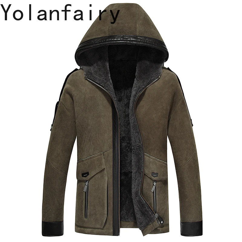 

YOLANFAIRY Real Sheepskin Leather Jackets Natural Fur Coat Man Hooded Winter Short Genuine Sheep Shearling Jacket Warm Fur Coats