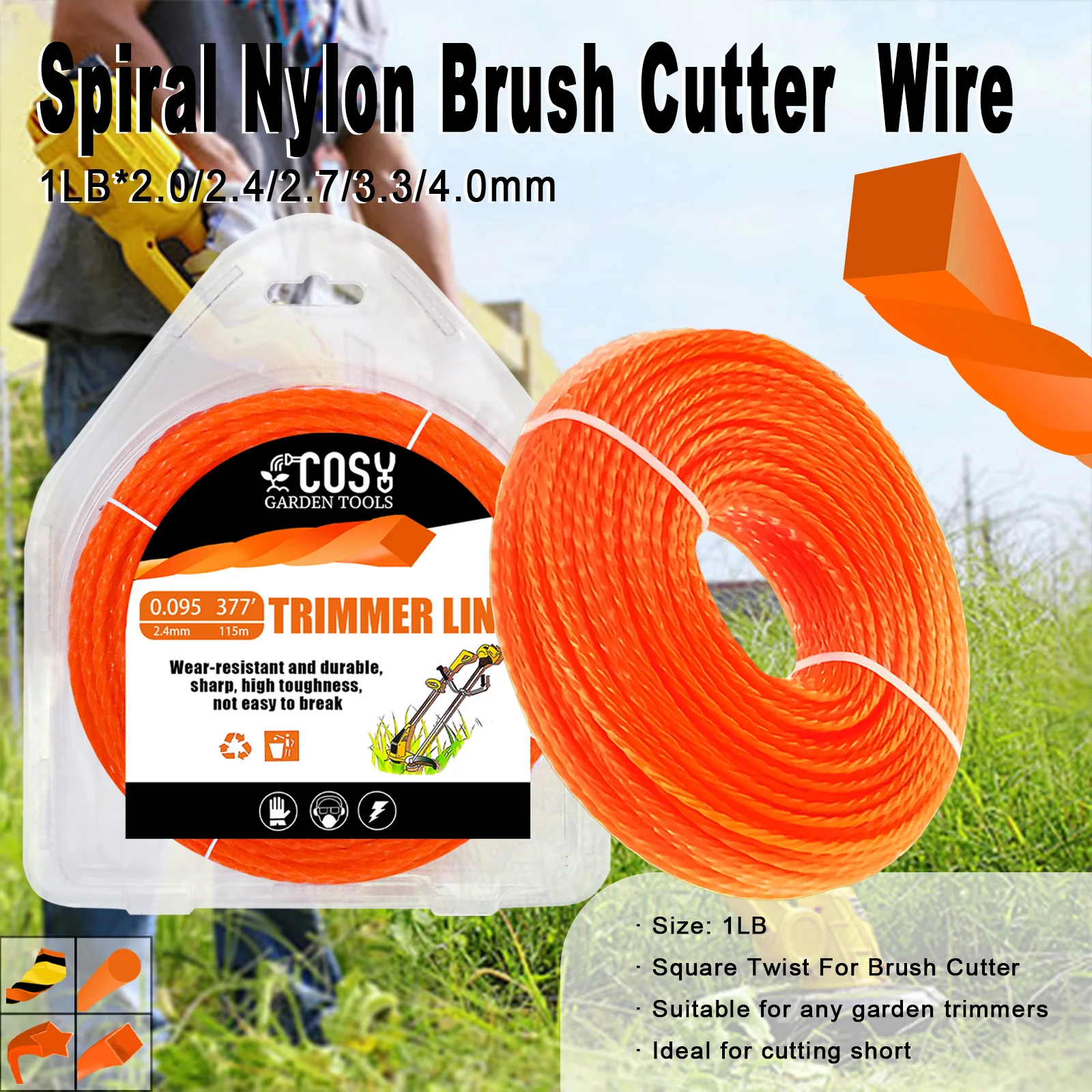 115 m * 2,4 mm/2,7 mm/3 mm/3,5 m/4 mm 1LB Rasentrimmerfaden Nylon-Spiral-Freischneider Seil Rasentrimmerfaden Rasenmäher-Ersatz