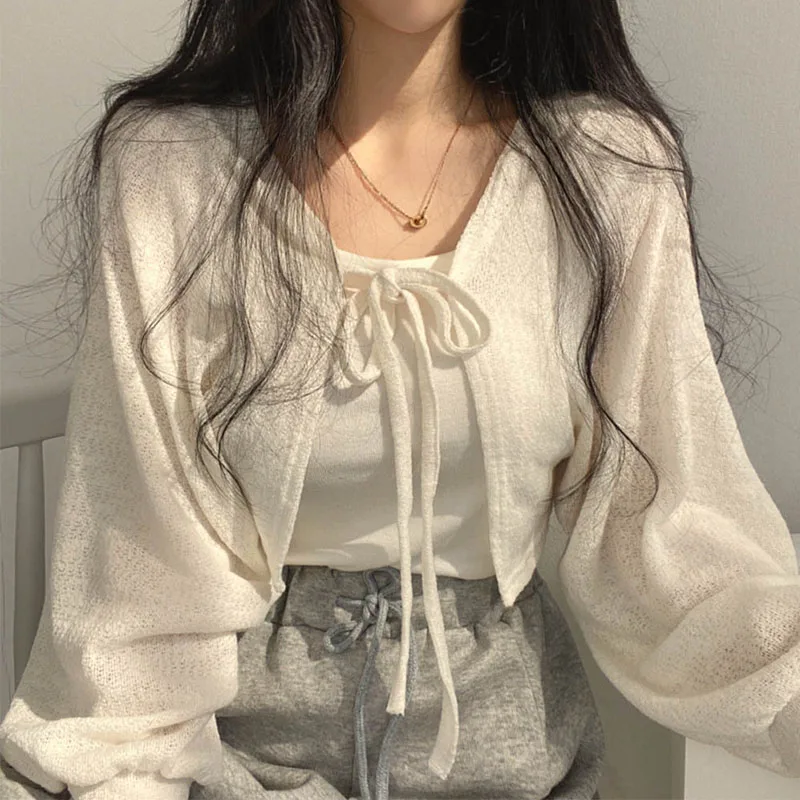 White Knitted Cardigan Women Summer Thin Sunscreen Lace-Up Knitwear Tops Female Korean Style Lantern Sleeve Short Coat