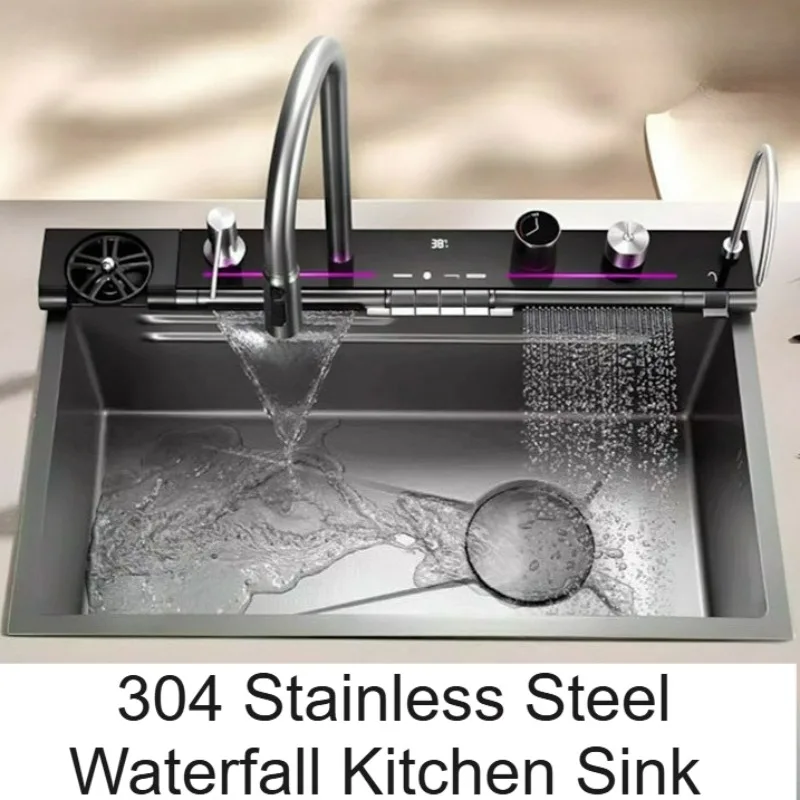 

304 Stainless Steel Waterfall Kitchen Sink Modern Luxury with LED Digital Display Kitchen Sink Faucet Set Soap Dispenser Cup
