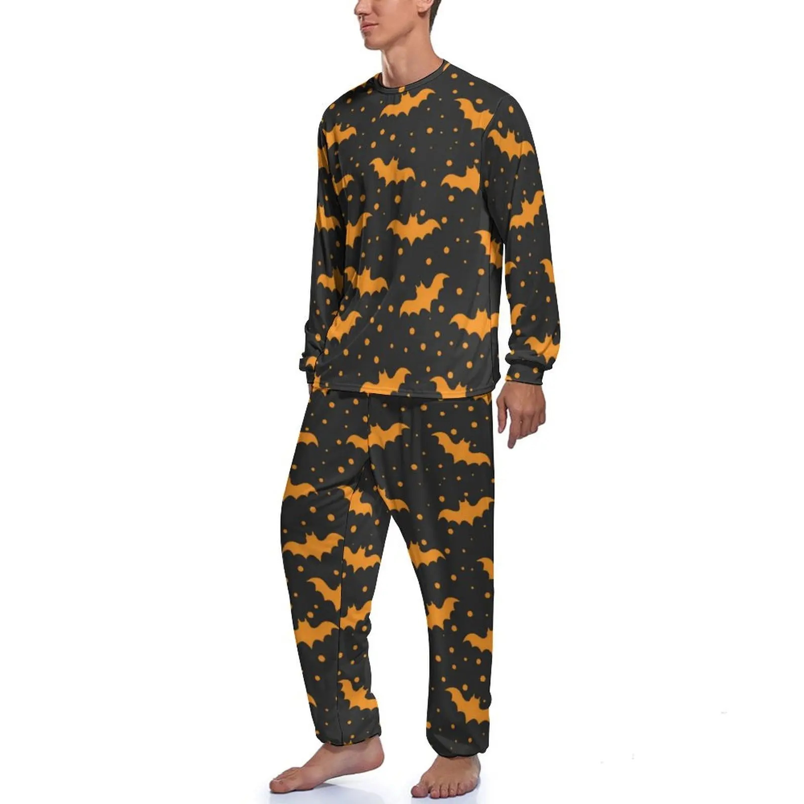 Halloween Bat Pajamas Mens Orange Dots Print Cute Home Suit Spring Long Sleeve 2 Pieces Bedroom Design Pajamas Set