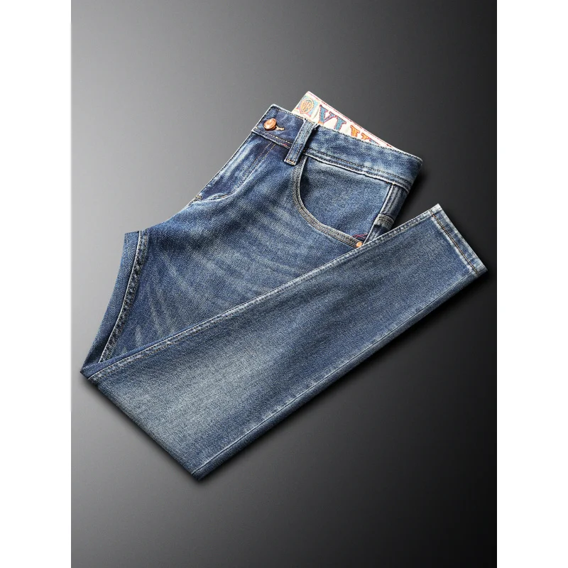 

High end blue jeans men's autumn and winter elastic slim fit small straight leg pants fashionable pants