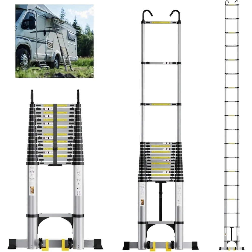 26.2FT Telescoping Ladder, Aluminum Collapsible Ladder with Hooks, Non-Slip Feet, Triangle Stabilizers, Lightweight  Telescopic