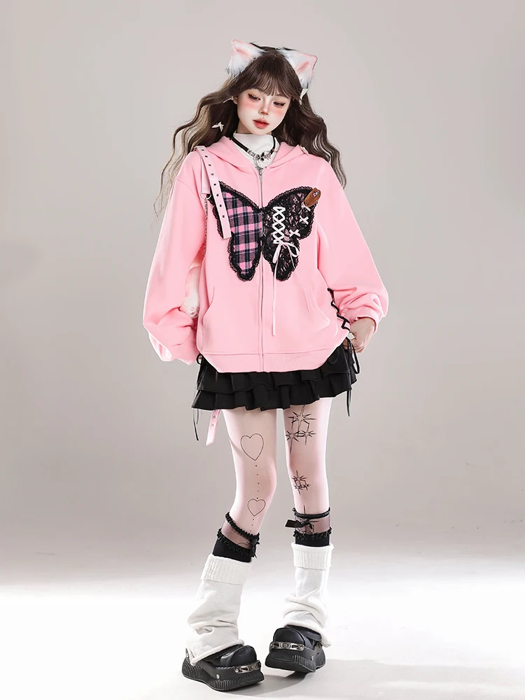 American Fashion Street Y2K Plaid Lace Splicing Butterfly Lace-up Zipper Loose Lazy Casual Hooded Sweatshirt Jacket Women Autumn