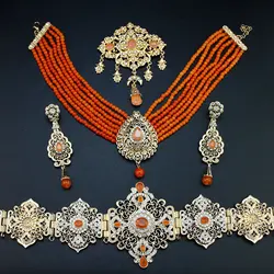 Sunspicems Morocco Bride Jewelry Sets For Women Caftan Belt Waist Chain Beads Chain Choker Necklace Pendant Brooch Long Earring