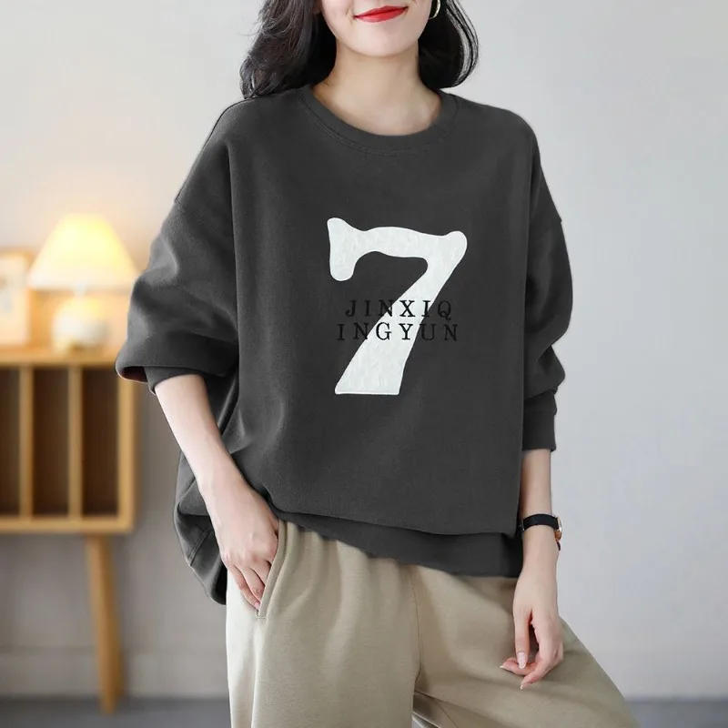 Autumn Women Trendy Digital Letter Print Casual Streetwear Oversize Sweatshirts Y2K Simple Chic O Neck Long Sleeve Pullover Tops