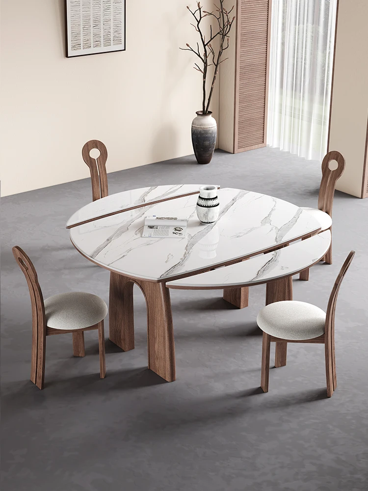 Folding solid wood dining table and chair rock plate American French telescopic square variable round table small household type