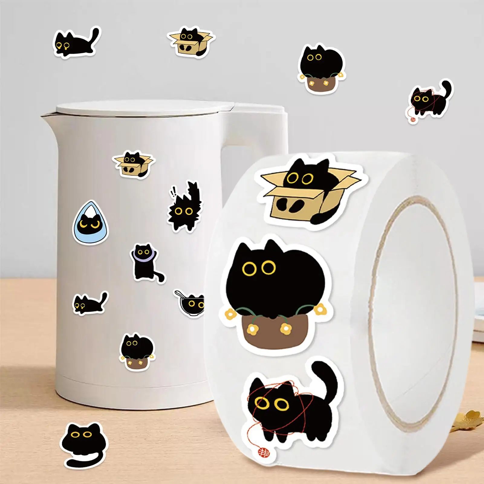 500 sheets/roll Cartoon Black Kitten Envelope Tape Cute Black Kitten Decal for Kids Adults Water Bottle Envelope Sealing